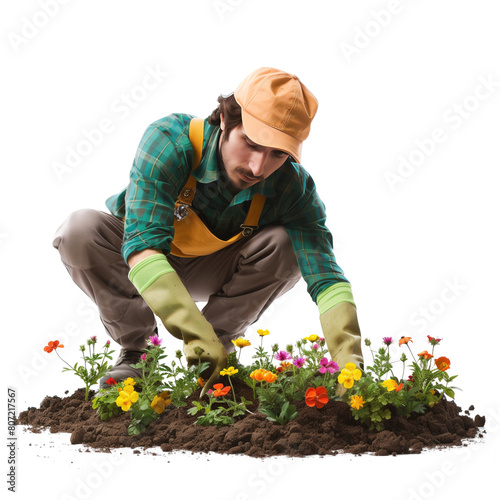 Gardener working in a small flower garden, on a transparent background