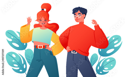 Happy male and female characters showing OK symbol, body language, people showing positive gesture, satisfied cheerful boy and girl emotions, approval gesturing, non-verbal communication