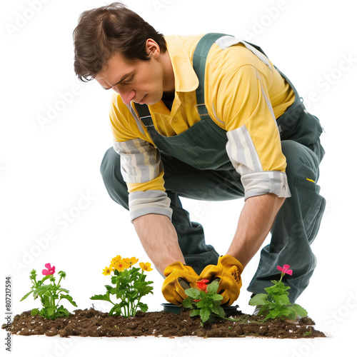 Gardener working in a small flower garden, on a transparent background