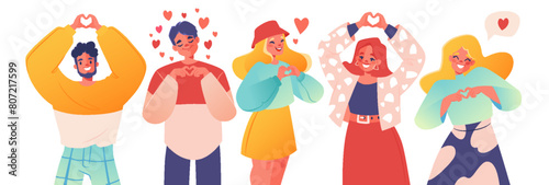 Body language. Bright illustration with characters showing heart gesture in different ways, love. Joyful, smiling, passionate people, young girls and boys. Theme of love, manifestation of feelings
