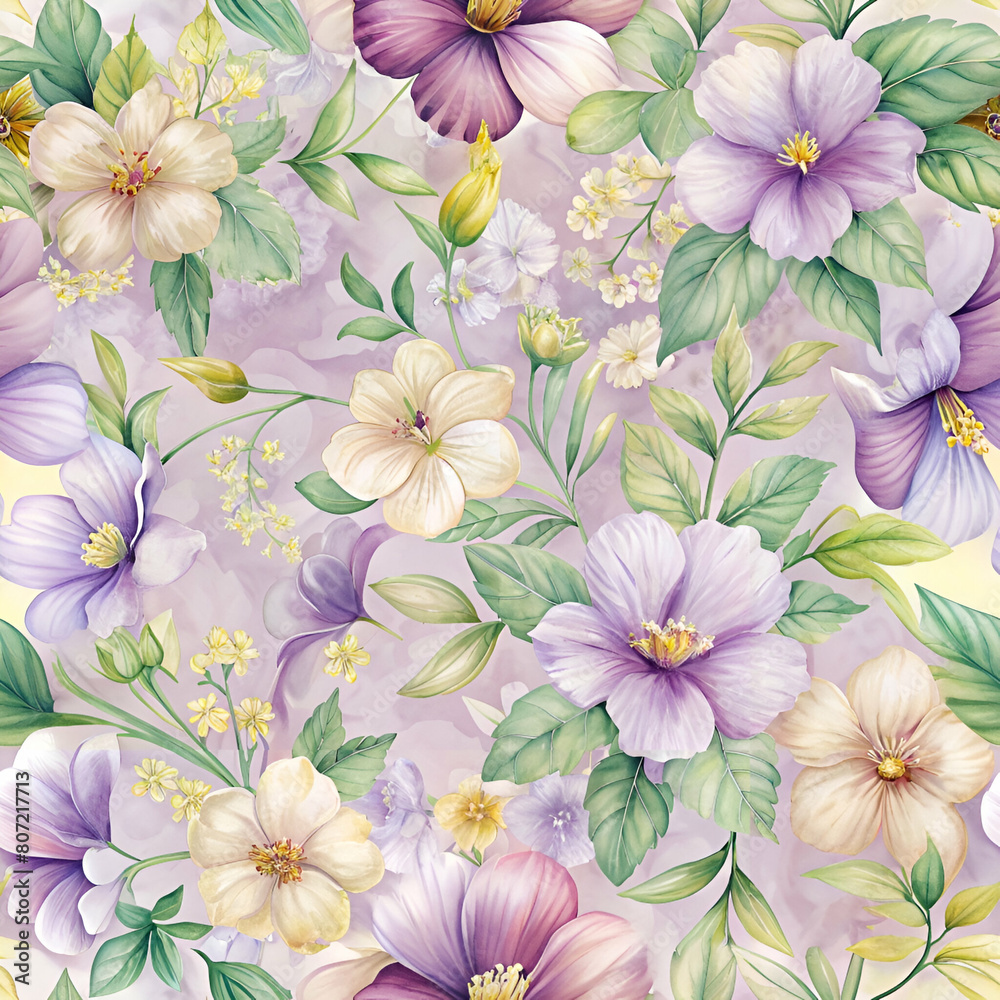 Lavender and Pale Yellow Floral Patterns with Delicate Green Leaves