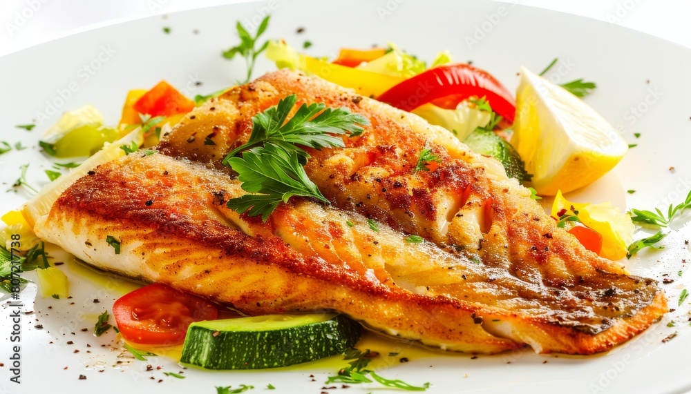 Fried fish fillet with veggies on a white backdrop Fried fish fillet with veggies on a white backdrop