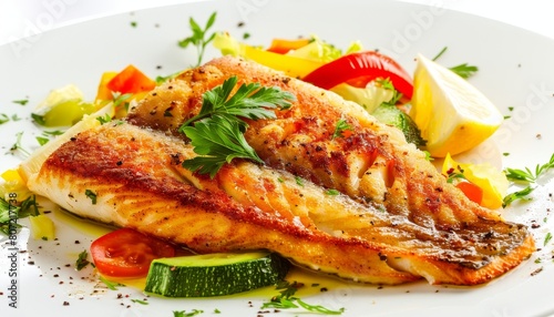 Fried fish fillet with veggies on a white backdrop