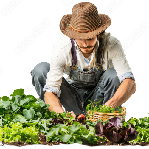 A young farmer collects vegetables in a small garden, on a transparent background