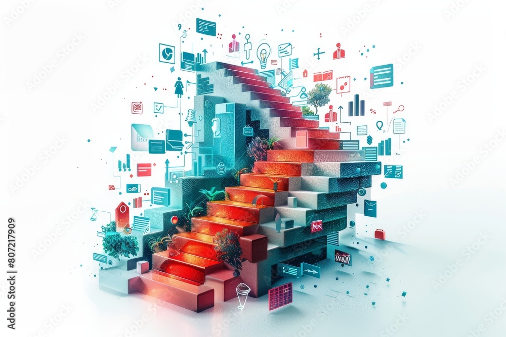 Fototapeta premium A colorful image of a staircase with a lot of different icons and symbols