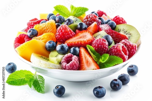 Fruit salad with fresh fruits and berries in a bowl on a white background