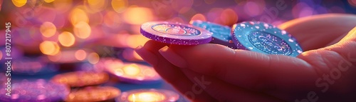 Neon pastel casino chips in a dealers hand 8K , high-resolution, ultra HD,up32K HD photo