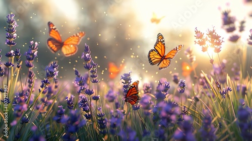 A Summer Meadow Abloom with Lavender Flowers and Butterflies on a Sunny Day photo