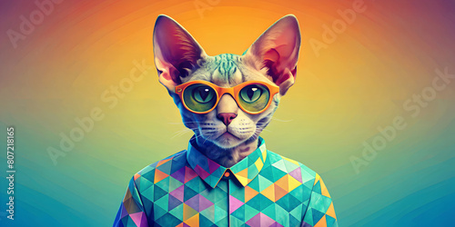 The funny, big-eared cat is shown wearing a colourful geometric patterned shirt and round, yellow-rimmed glasses. The background shows a radial transition from orange to blue.AI generated.