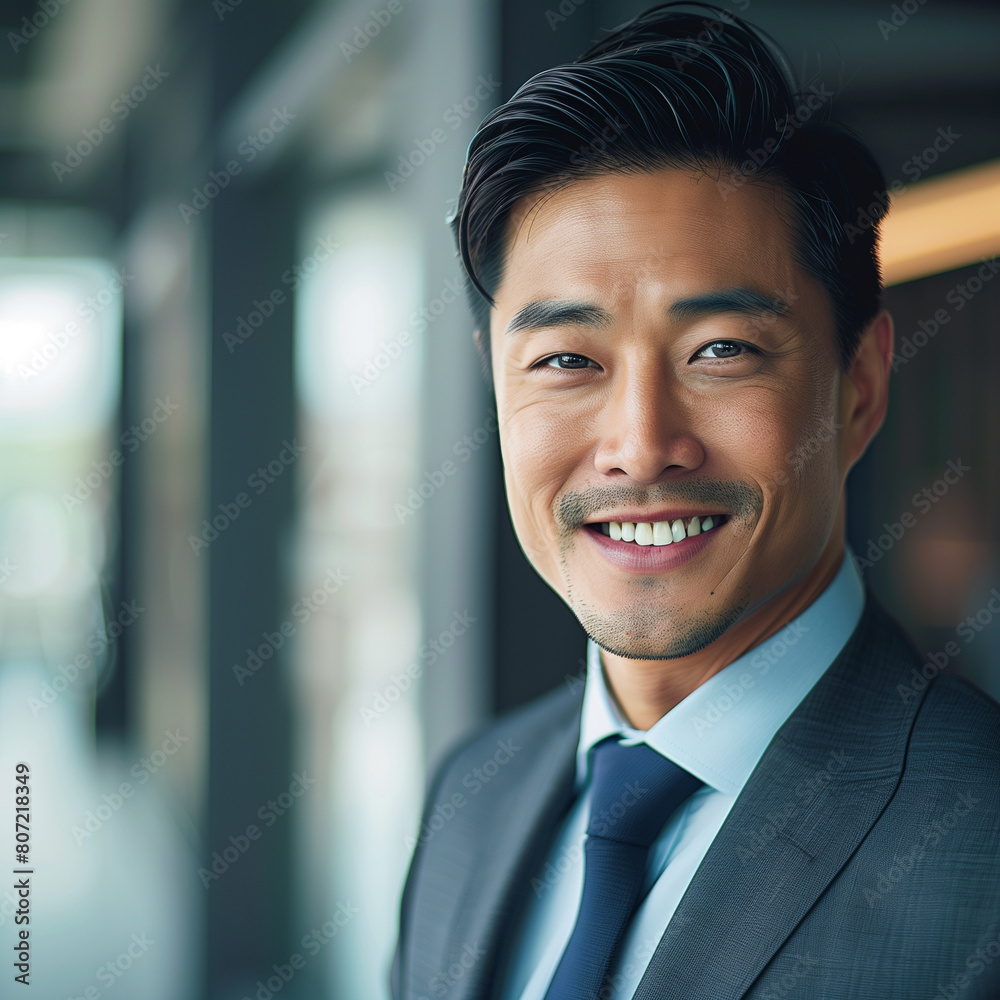 Professional Portrait of Smiling Asian Businessman in Suit with Modern Office Background Professional Portrait of Smiling Asian Businessman in Suit with Modern Office Background