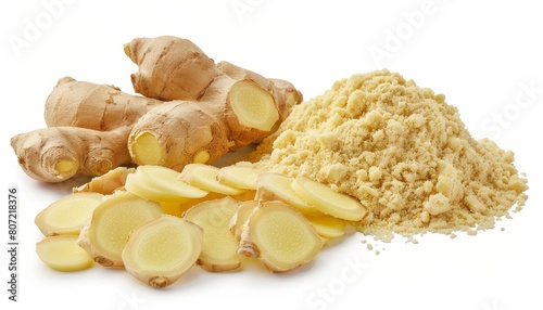 Ginger powder and fresh ginger rhizome and slices arranged on white background photo