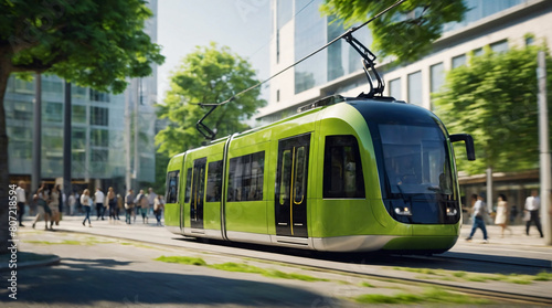 Electric green tram driving on street in green city downtown. Eco friendly sustainable public transport