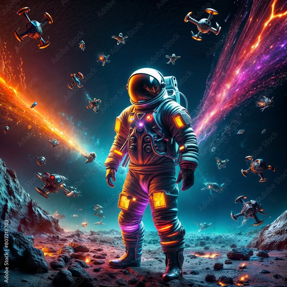 Astronaut on a planet in space with drones surrounding in electric blue darkness Astronaut on a planet in space with drones surrounding in electric blue darkness