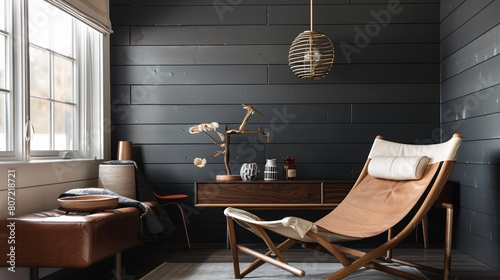 A cozy corner of a modern luxury living room, where a black shiplap wall provides texture and depth. A leather sling chair offers a stylish spot for lounging, 