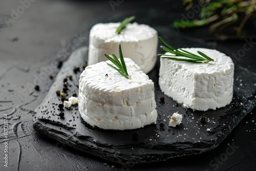 Goat cheese on black stone and background photo