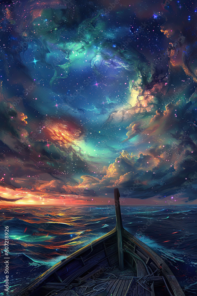 Obraz premium fantasy art of ocean from the bow of a ship, with multicolored energy swirls like bioluminessence in the sky and in the water