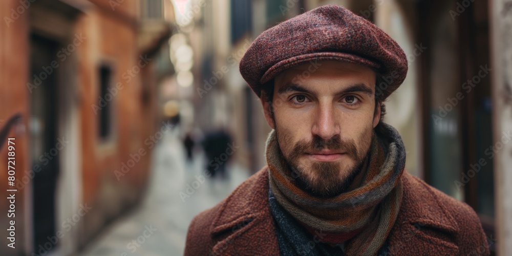Stylish man in a flat cap in an urban alley, exuding urban charm and a thoughtful demeanor