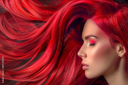 Red hair close-up as a background. Women's long orange hair. Beautifully styled wavy shiny curls. Hair coloring bright shades.