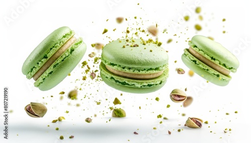 Green pistachio macarons with nuts and crumbs on white background photo