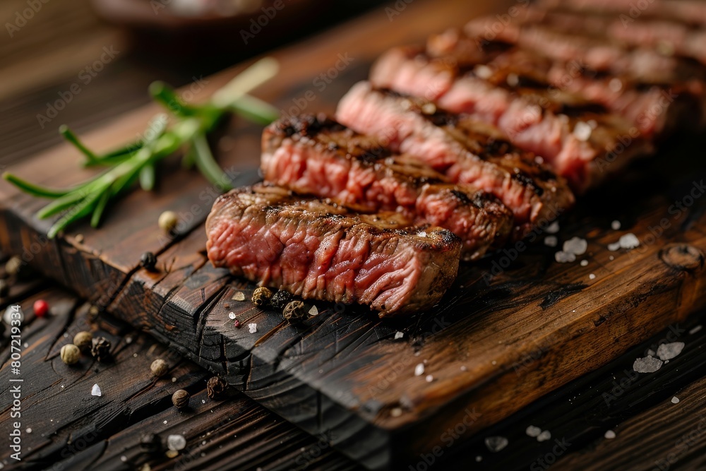 Grilled medium rare beef steak with seasoning on dark wooden board Grilled medium rare beef steak with seasoning on dark wooden board