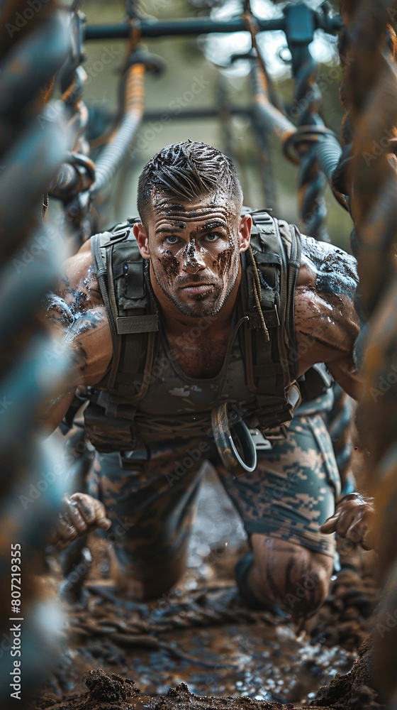 Cinematic scene of a marine in tactical attire and a bodybuilder, competing in an obstacle course Cinematic scene of a marine in tactical attire and a bodybuilder, competing in an obstacle course