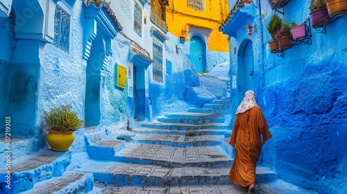 A woman's journey through the strikingly blue streets © lander