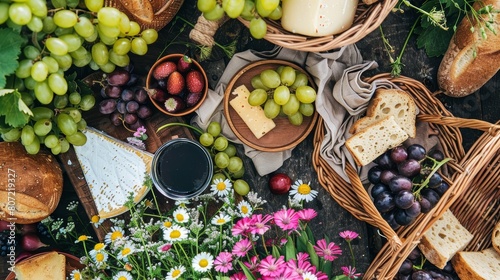 Rustic outdoor picnic setup with fresh fruits, bread, and cheese. Summer dining and nature concept photo