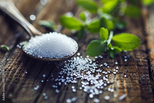 A scattering of stevia on a spoon on a wooden table, alternative healthy food concept
 photo