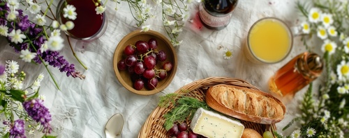 Summer picnic layout with grapes  baguette  and beverages on a floral cloth. Fresh dining and leisure concept.