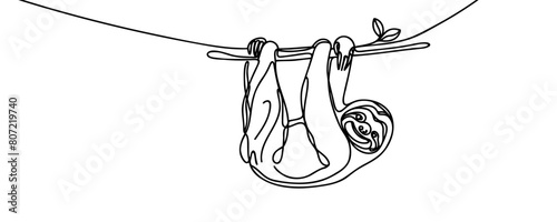 One single line drawing of lovely adorable sloth sleeping at branch tree for logo identity. Cute mammal mascot concept for zoo icon.