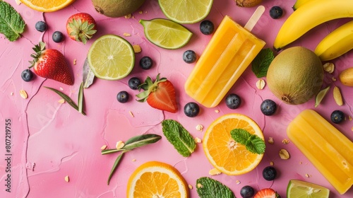 Assorted fruit popsicles surrounded by scattered berries and fruit pieces on a pink background. Flat lay composition.
