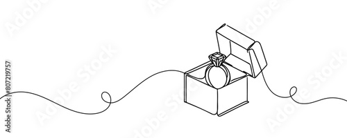 Wedding ring in a box, continuous line drawing. One line art, wedding rings.