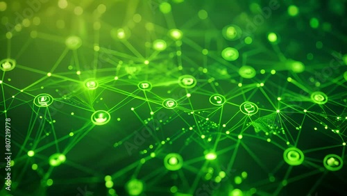 Wallpaper Mural environment Icons over the Network connection line on green background, green leafy tree with many small icons on it. icons are connected to each other in a web-like pattern Torontodigital.ca