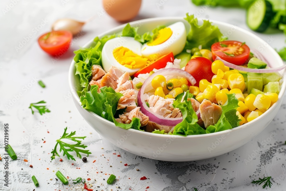 Healthy ketogenic tuna salad bowl with eggs veggies on white background Healthy ketogenic tuna salad bowl with eggs veggies on white background