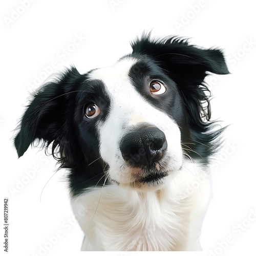 black and white dog tilting head looking forward against a light gray background High quality photo isolated on transparent png background © Basit