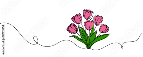 Continuous one line drawing tulips. Spring concept. Single line draw design vector illustration