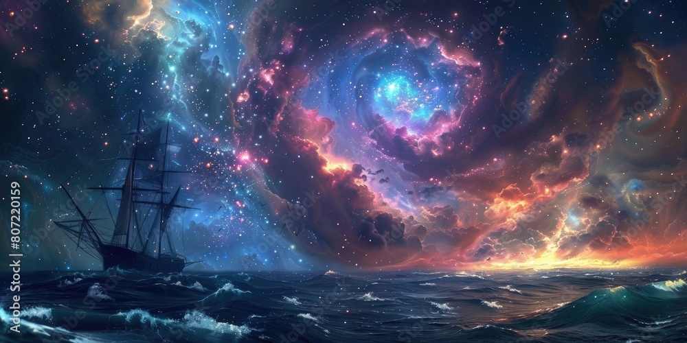 fantasy art of ocean from the bow of a ship, with multicolored energy swirls like bioluminessence in the sky and in the water fantasy art of ocean from the bow of a ship, with multicolored energy swirls like bioluminessence in the sky and in the water