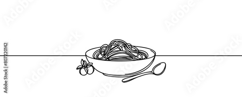 One continuous line drawing of fresh delicious Italian spaghetti pasta restaurant logo emblem. Italy fast food noodle shop logotype template concept.