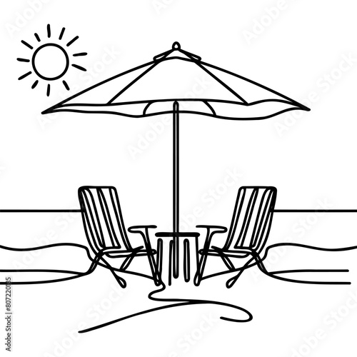 Beach umbrella and two chairs in one continuous line drawing.