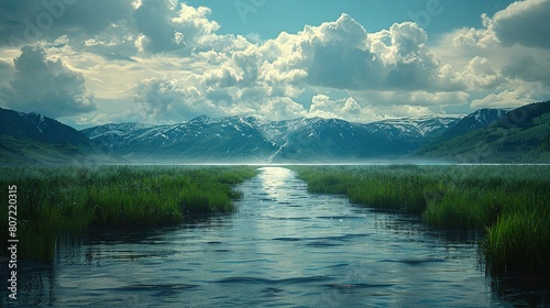  Water enclosed by green vegetation and distant mountains with scattered cloud cover