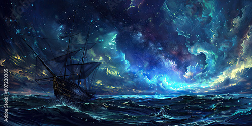 fantasy art of ocean from the bow of a ship, with multicolored energy swirls like bioluminessence in the sky and in the water © trustmastertx