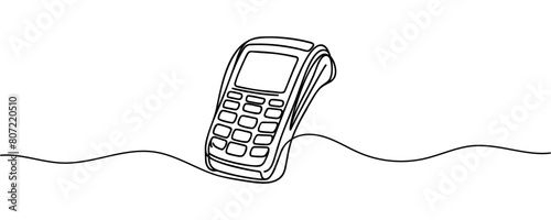 Contactless bank card, credit card in payment terminal, credit card machine, one line art