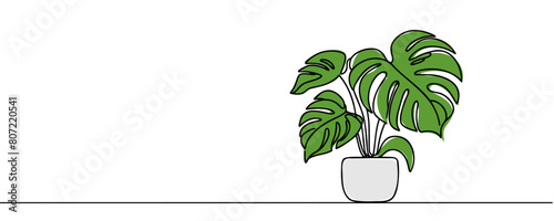 Monstera house plant in pot one line continuous drawing vector illustration. Hand drawn linear icon