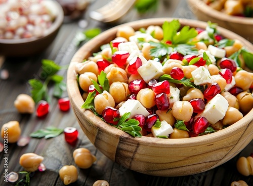 Homemade vegan chickpea salad with feta parsley and pomegranate organic healthy detox meal