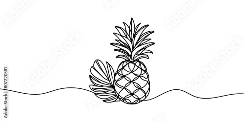 one continuous drawn line of pineapple drawn from the hand a picture of the silhouette. Line art. tropical fruit pineapple.