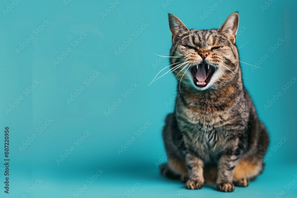 Cute tabby cat yawning on blue background with copy space