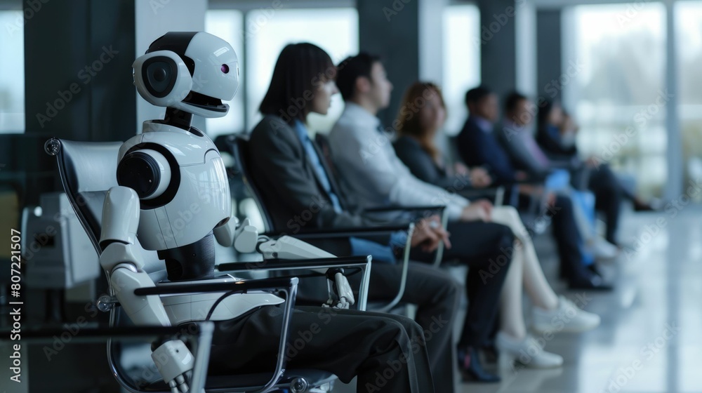 The picture of the unemployed robot sitting next to the group of human for an appointment of the interview, the interview require preparation, resume review, practice and communication skill. AIG43.