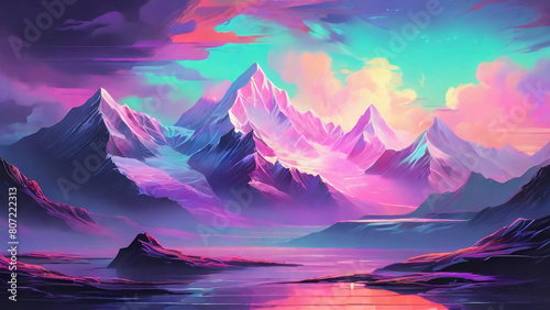 Sad beautiful artwork with pink clouds and mountains.Anime  manga landscape at dusk 