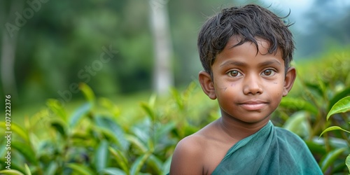 A winsome young boy with captivating eyes stands outdoors, surrounded by green foliage