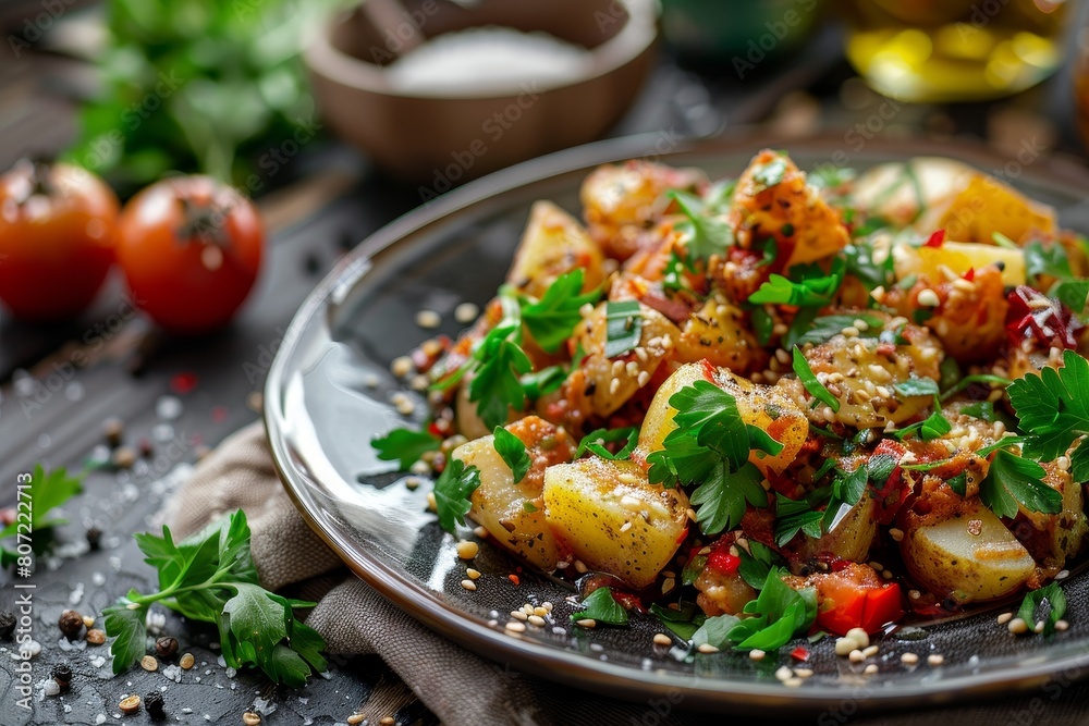 Moroccan potato salad on plate on table close up Moroccan potato salad on plate on table close up